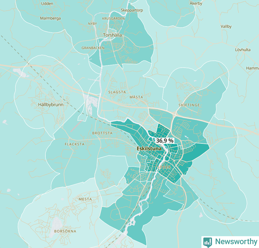 Karta över andel av befolkningen är ensamstående utan barn per område i Eskilstuna och Torshälla 2023.