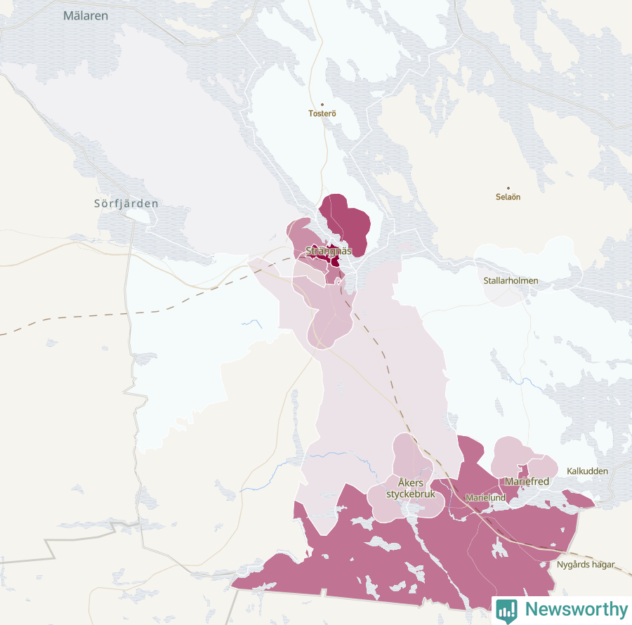 Karta som visar antalet cykelstölder i olika delar av Strängnäs kommun, även i tabell nedan
