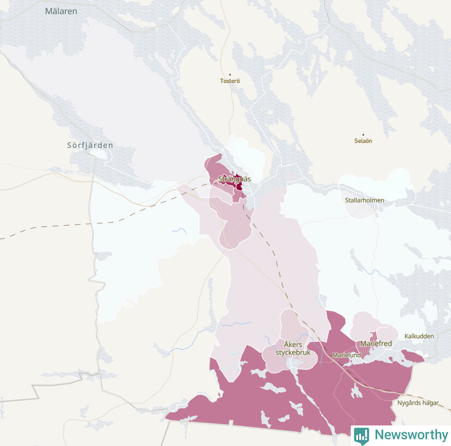 Karta som visar antalet cykelstölder i olika delar av Strängnäs kommun, även i tabell nedan