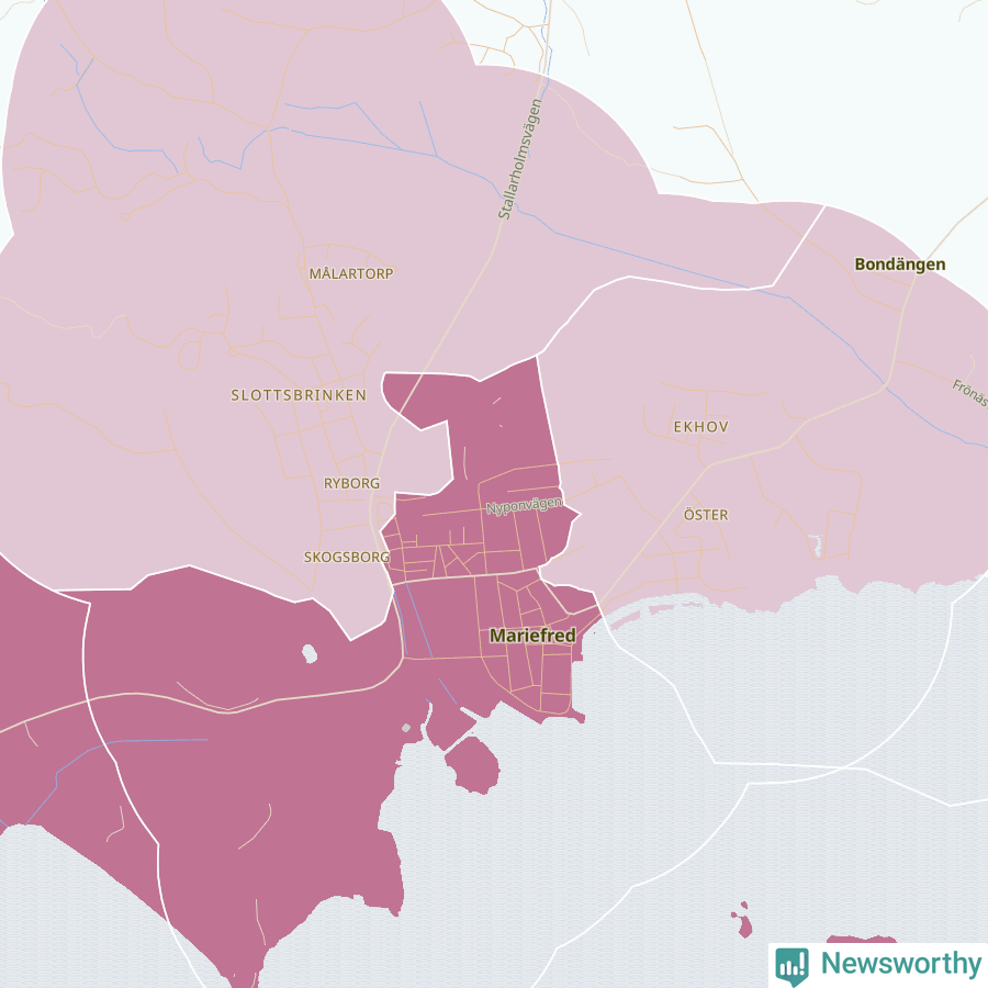Karta som visar antalet cykelstölder i olika delar av Mariefred, se tabell ovan