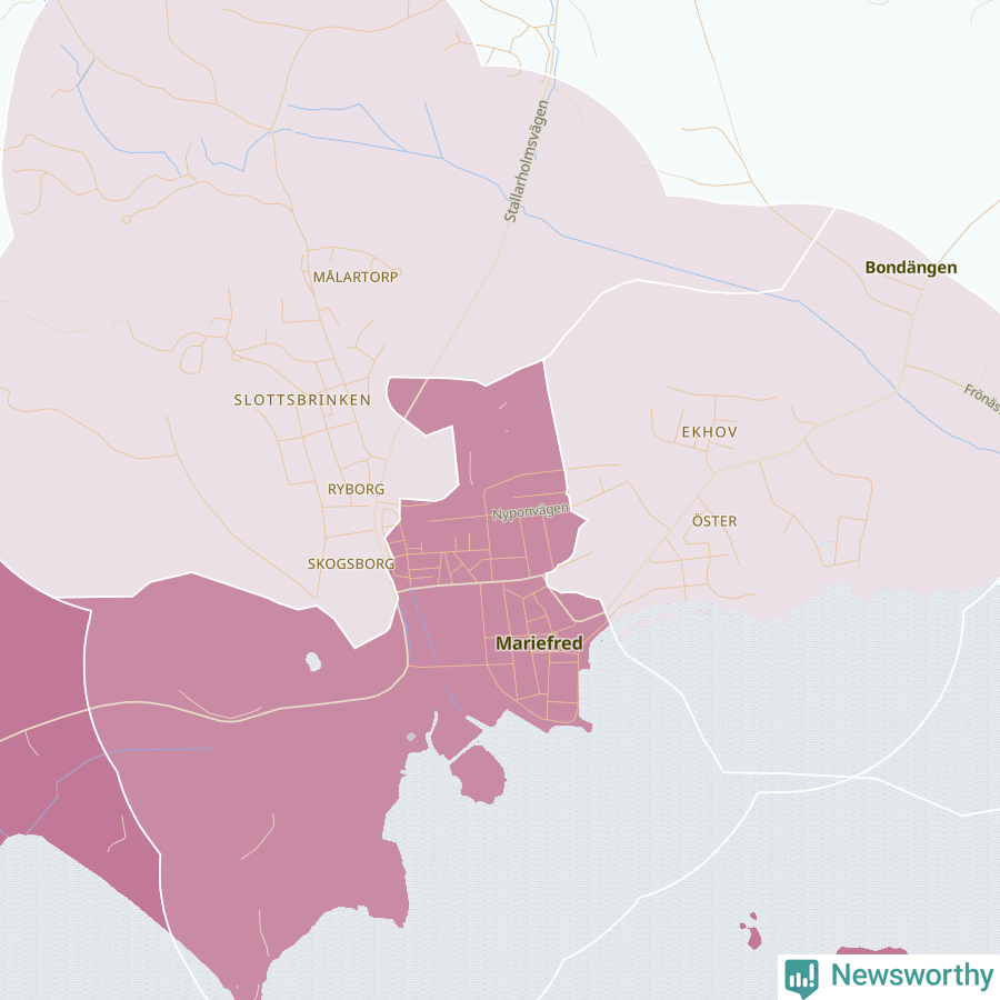 Karta som visar antalet cykelstölder i olika delar av Mariefred, se tabell ovan