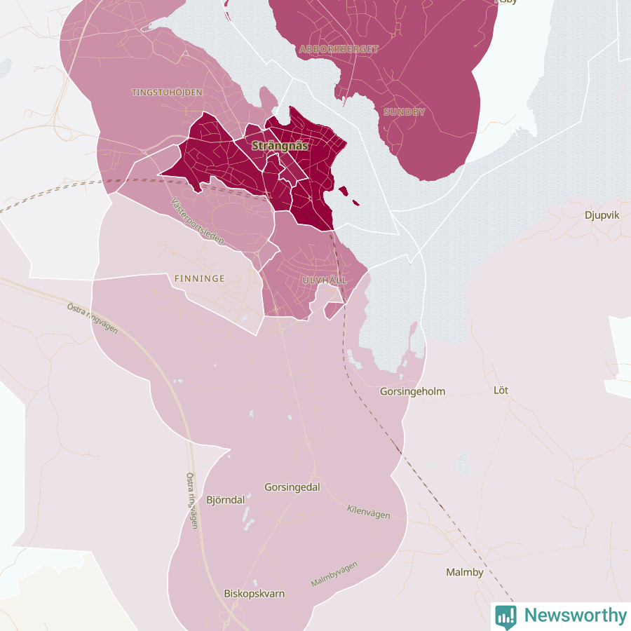 Karta som visar antalet cykelstölder i olika delar av Strängnäs, se tabell ovan