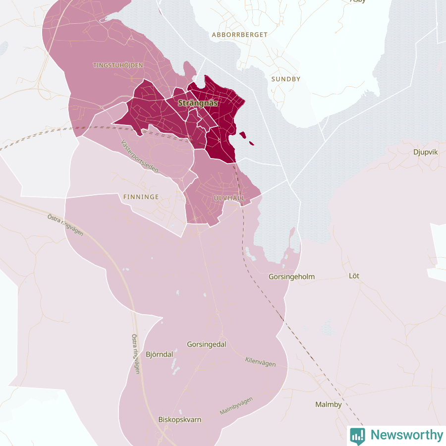 Karta som visar antalet cykelstölder i olika delar av Strängnäs, se tabell ovan