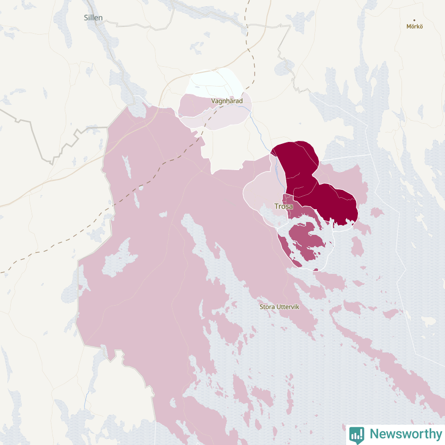 Karta som visar antalet cykelstölder i olika delar av Trosa kommun, även i tabell nedan