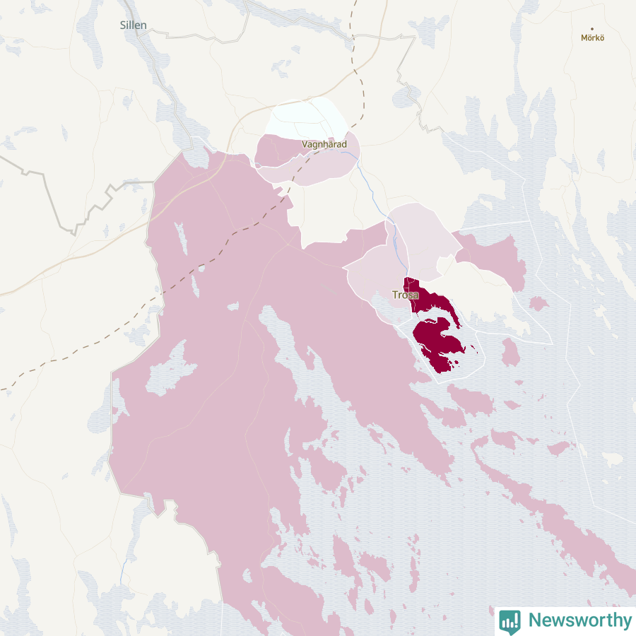 Karta som visar antalet cykelstölder i olika delar av Trosa kommun, även i tabell nedan