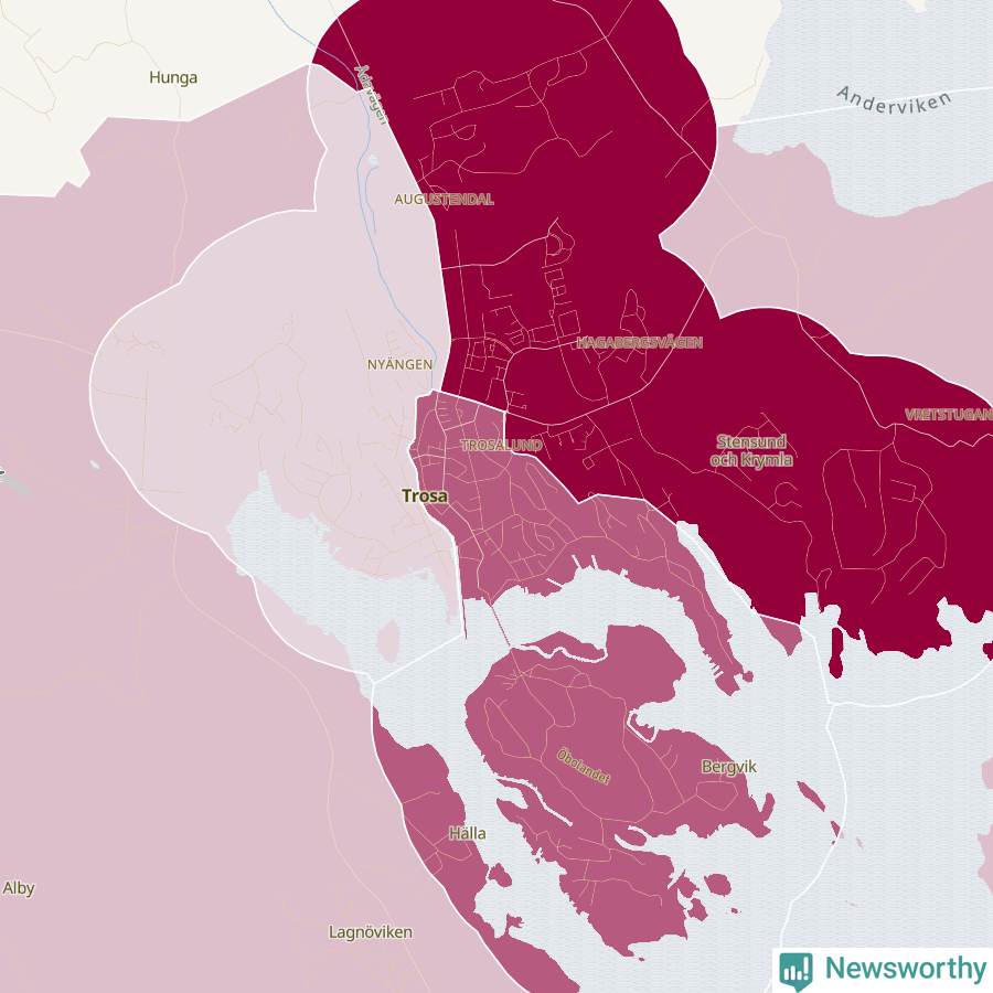 Karta som visar antalet cykelstölder i olika delar av Trosa, se tabell ovan