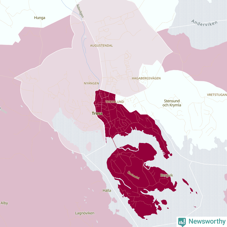 Karta som visar antalet cykelstölder i olika delar av Trosa, se tabell ovan