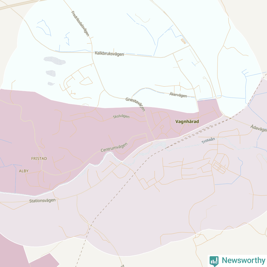 Karta som visar antalet cykelstölder i olika delar av Vagnhärad, se tabell ovan