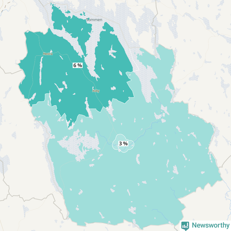 Karta över andel av befolkningensom är mellan 0 och 4 år per område i Ydre 2024.