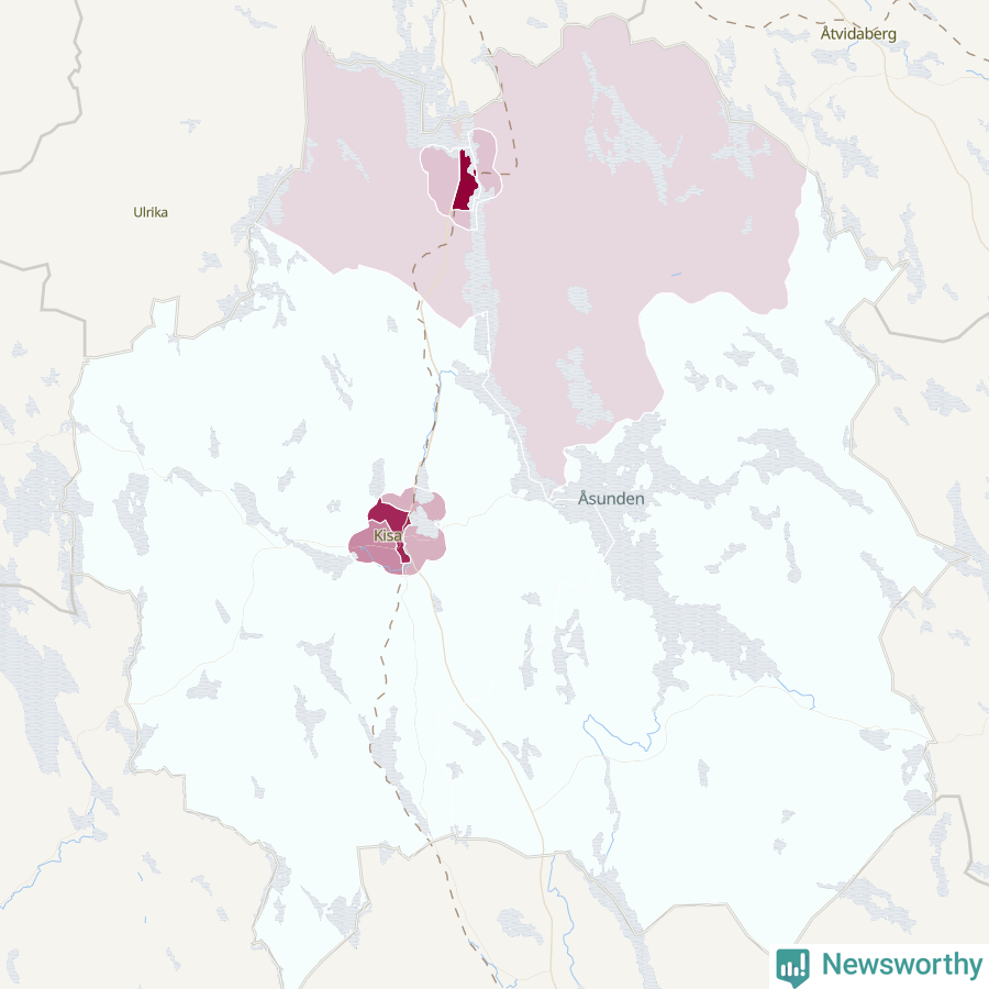 Karta som visar antalet cykelstölder i olika delar av Kinda kommun, även i tabell nedan