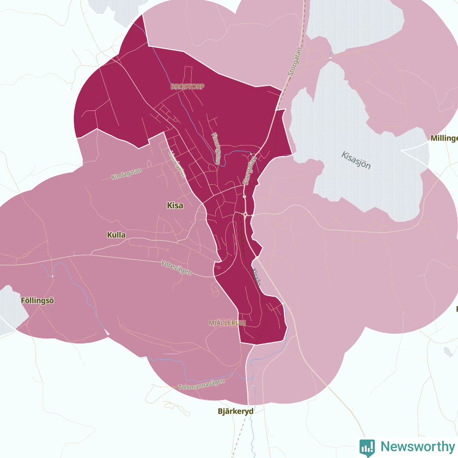 Karta som visar antalet cykelstölder i olika delar av Kisa, se tabell ovan