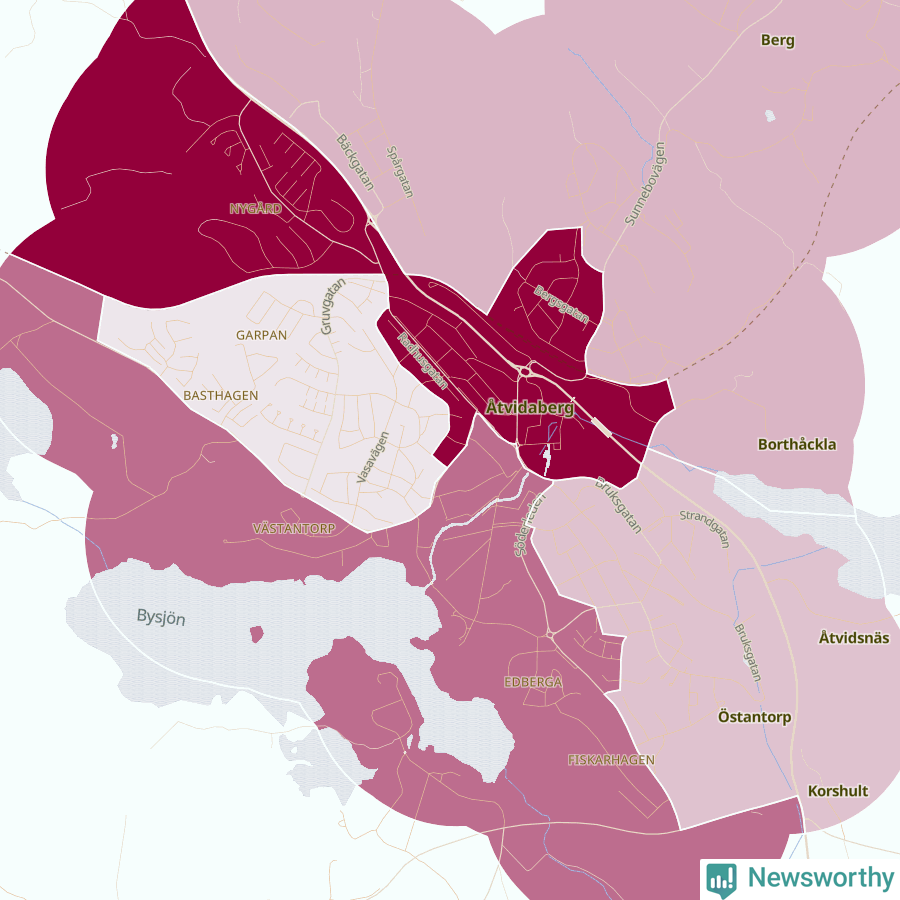 Karta som visar antalet cykelstölder i olika delar av Åtvidaberg, se tabell ovan