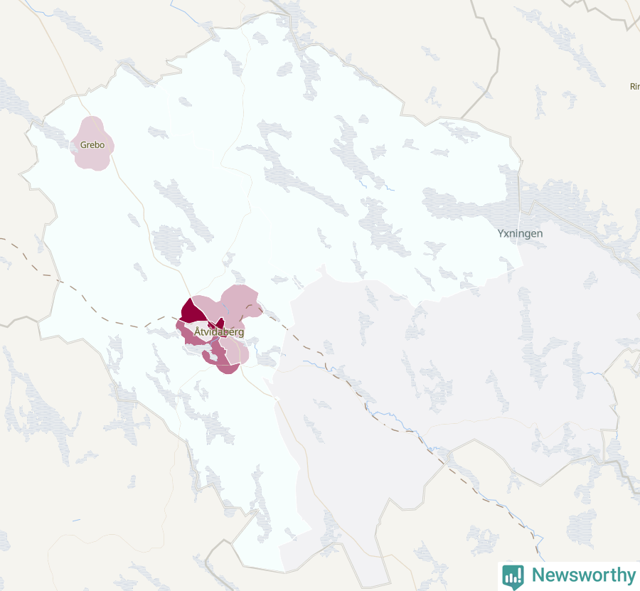 Karta som visar antalet cykelstölder i olika delar av Åtvidabergs kommun, även i tabell nedan