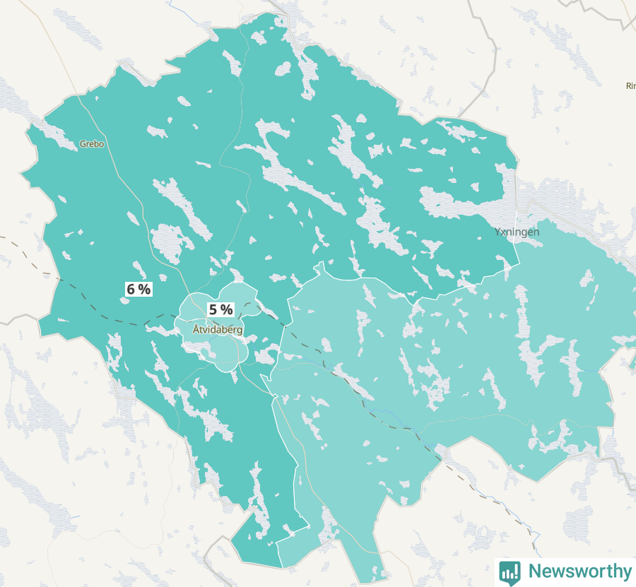 Karta över andel av befolkningensom är mellan 0 och 4 år per område i Åtvidaberg 2024.