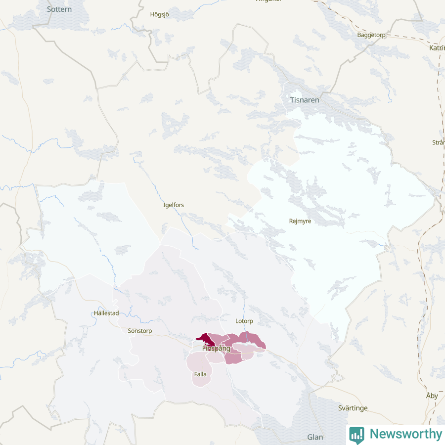 Karta som visar antalet cykelstölder i olika delar av Finspångs kommun, även i tabell nedan
