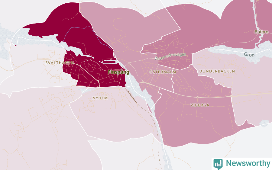 Karta som visar antalet cykelstölder i olika delar av Finspång, se tabell ovan