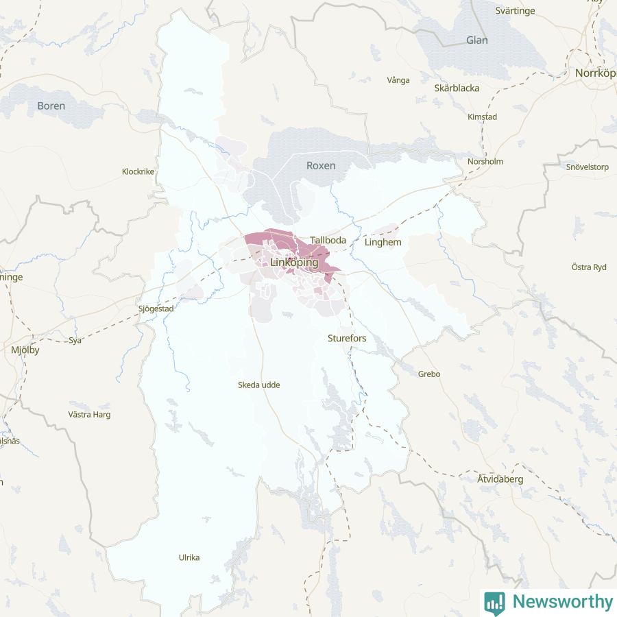 Karta som visar antalet cykelstölder i olika delar av Linköpings kommun, även i tabell nedan