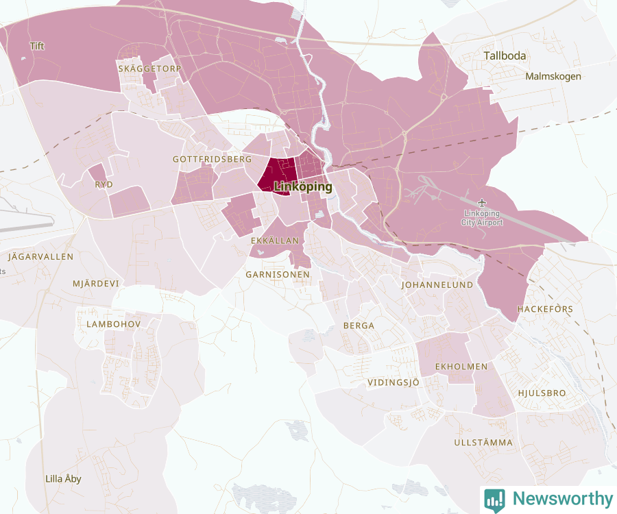 Karta som visar antalet cykelstölder i olika delar av Linköping, se tabell ovan