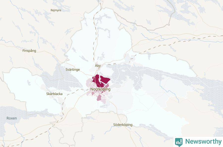 Karta som visar antalet cykelstölder i olika delar av Norrköpings kommun, även i tabell nedan