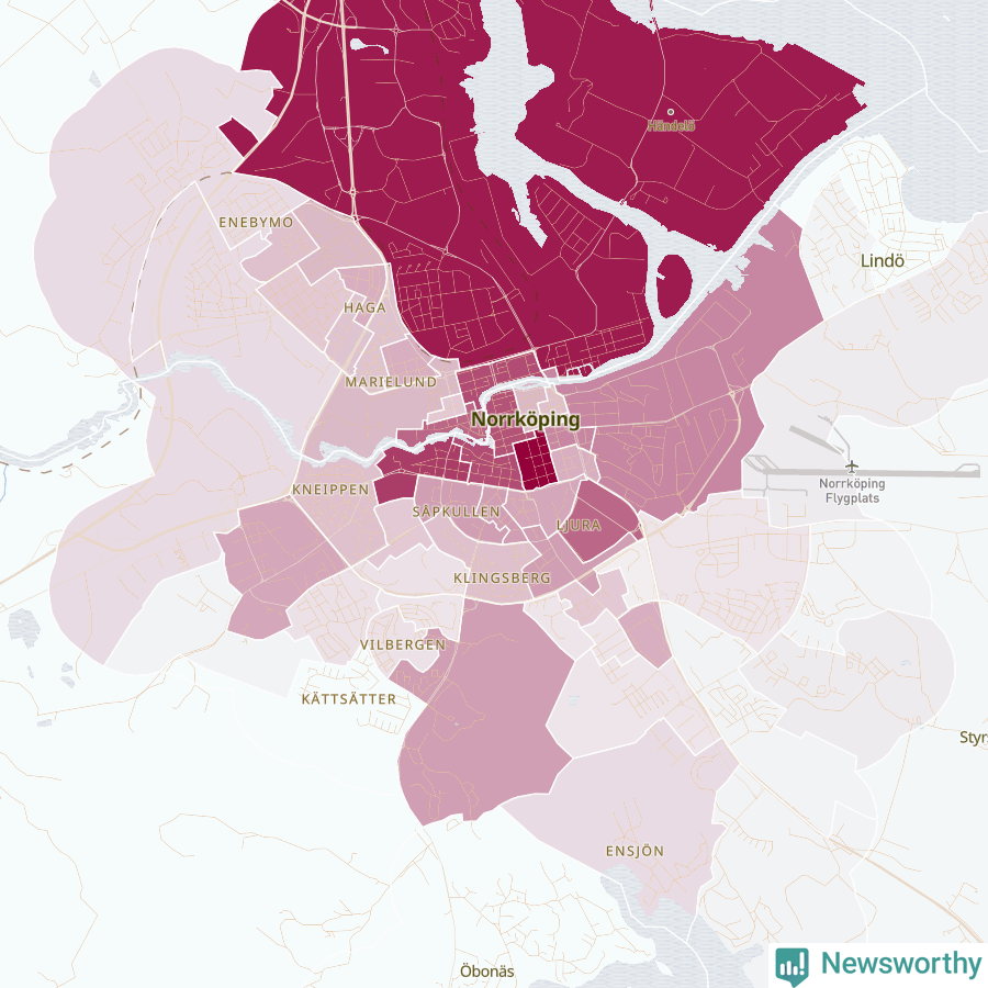 Karta som visar antalet cykelstölder i olika delar av Norrköping, se tabell ovan