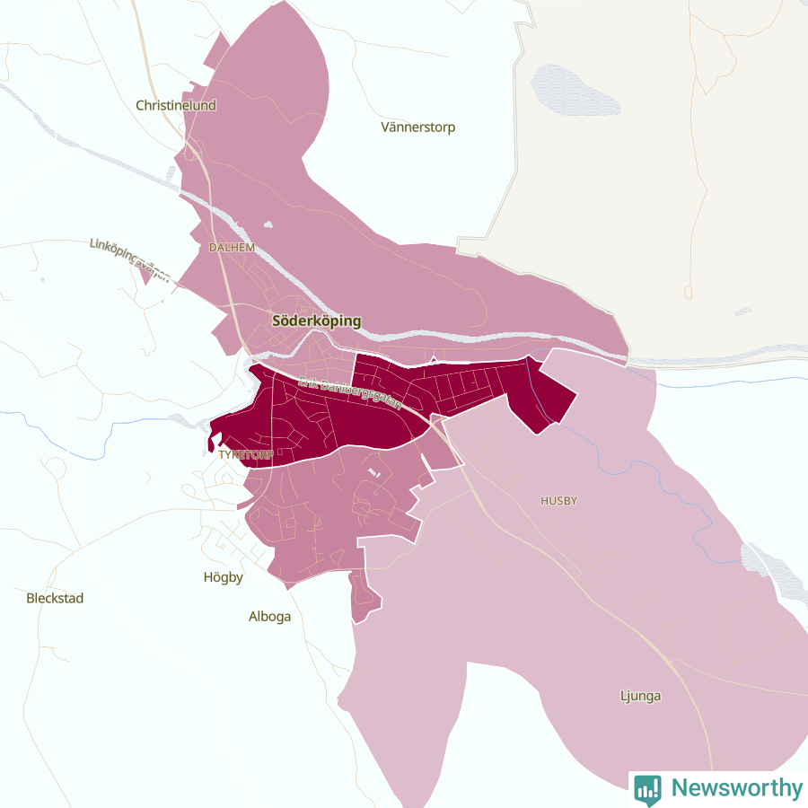 Karta som visar antalet cykelstölder i olika delar av Söderköping, se tabell ovan