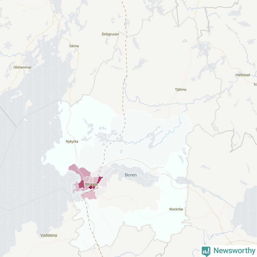 Karta som visar antalet cykelstölder i olika delar av Motala kommun, även i tabell nedan