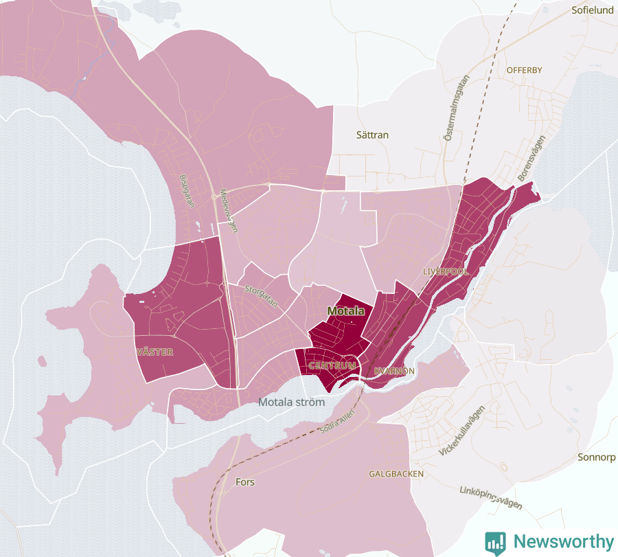 Karta som visar antalet cykelstölder i olika delar av Motala, se tabell ovan