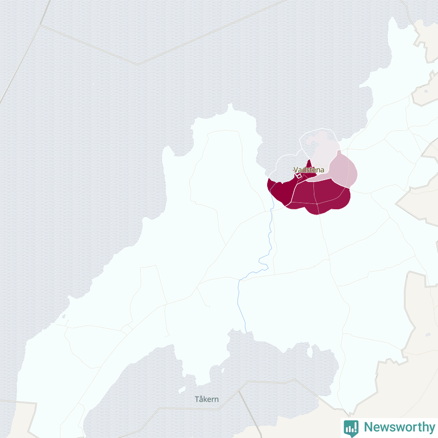 Karta som visar antalet cykelstölder i olika delar av Vadstena kommun, även i tabell nedan