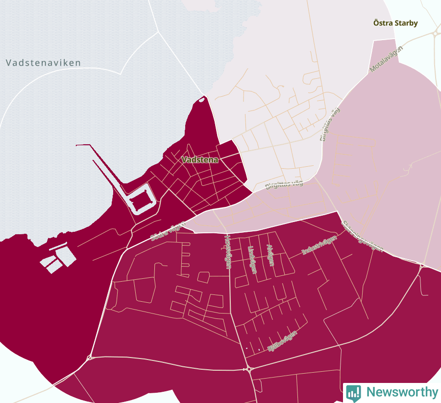 Karta som visar antalet cykelstölder i olika delar av Vadstena, se tabell ovan