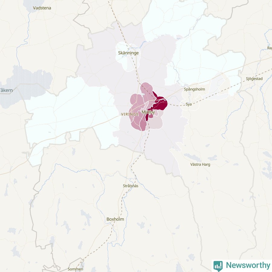 Karta som visar antalet cykelstölder i olika delar av Mjölby kommun, även i tabell nedan