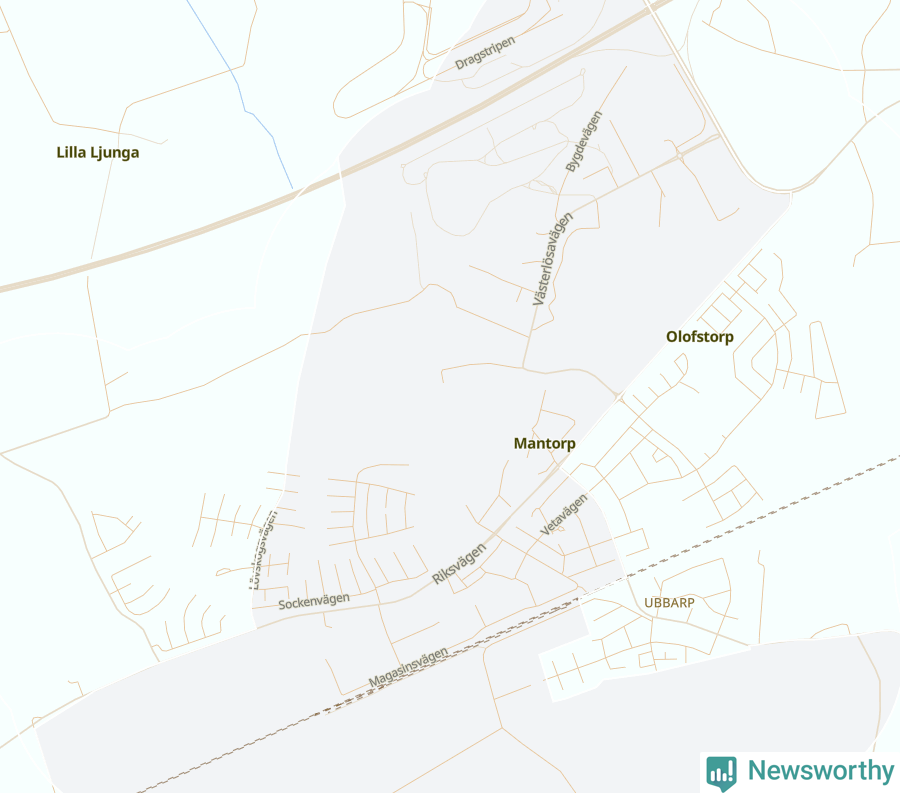 Karta som visar antalet cykelstölder i olika delar av Mantorp, se tabell ovan