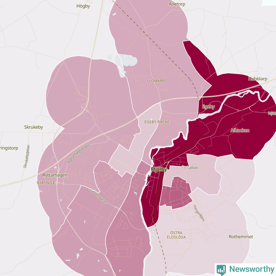 Karta som visar antalet cykelstölder i olika delar av Mjölby, se tabell ovan