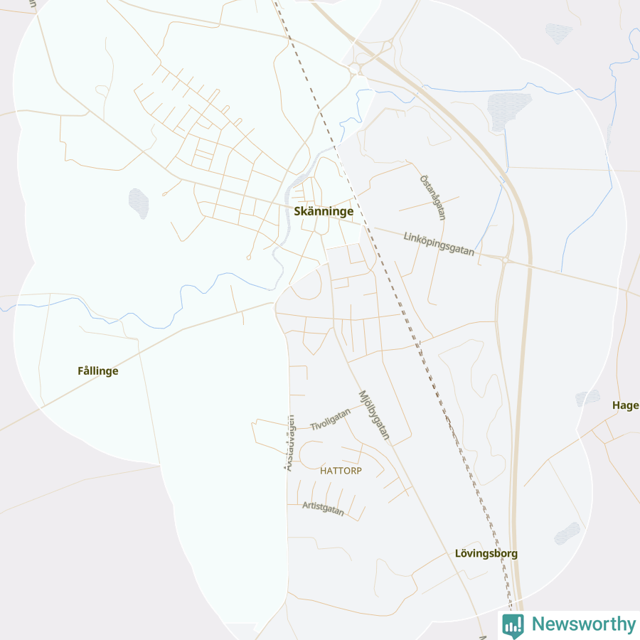 Karta som visar antalet cykelstölder i olika delar av Skänninge, se tabell ovan