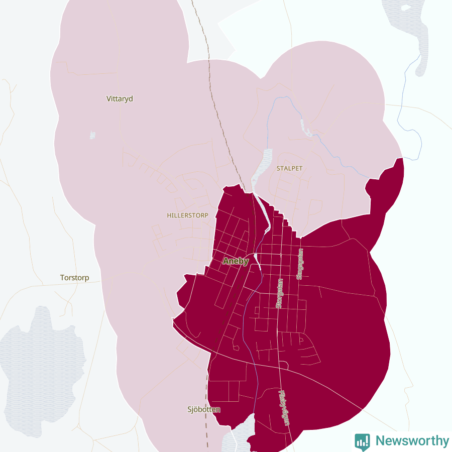 Karta som visar antalet cykelstölder i olika delar av Aneby, se tabell ovan