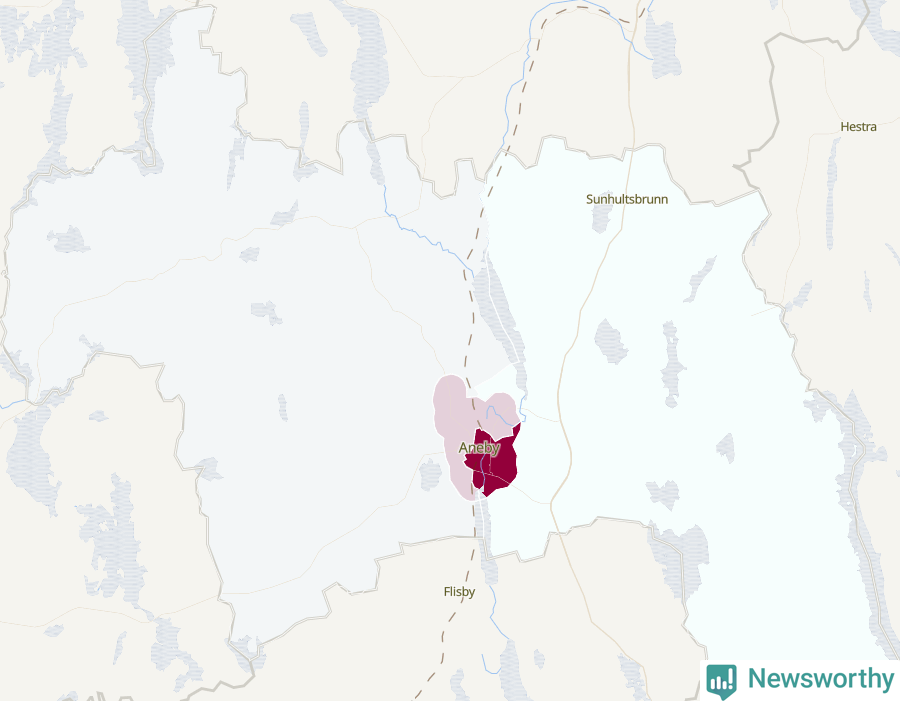 Karta som visar antalet cykelstölder i olika delar av Aneby kommun, även i tabell nedan