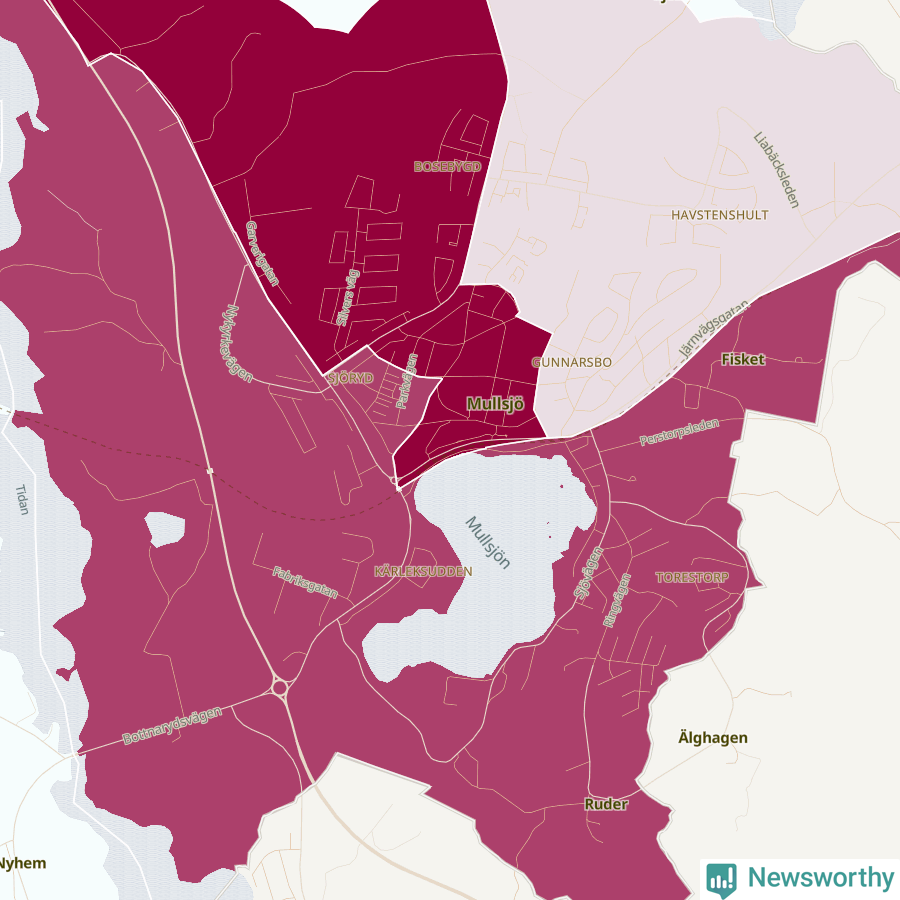 Karta som visar antalet cykelstölder i olika delar av Mullsjö, se tabell ovan