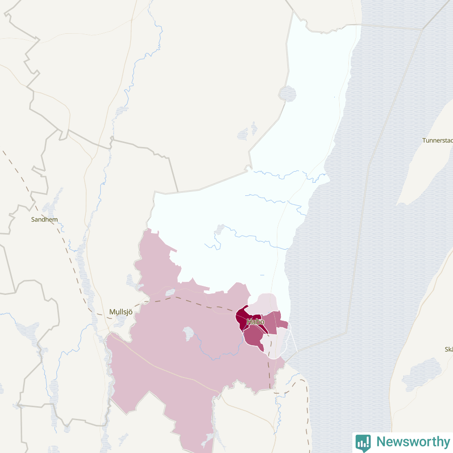 Karta som visar antalet cykelstölder i olika delar av Habo kommun, även i tabell nedan