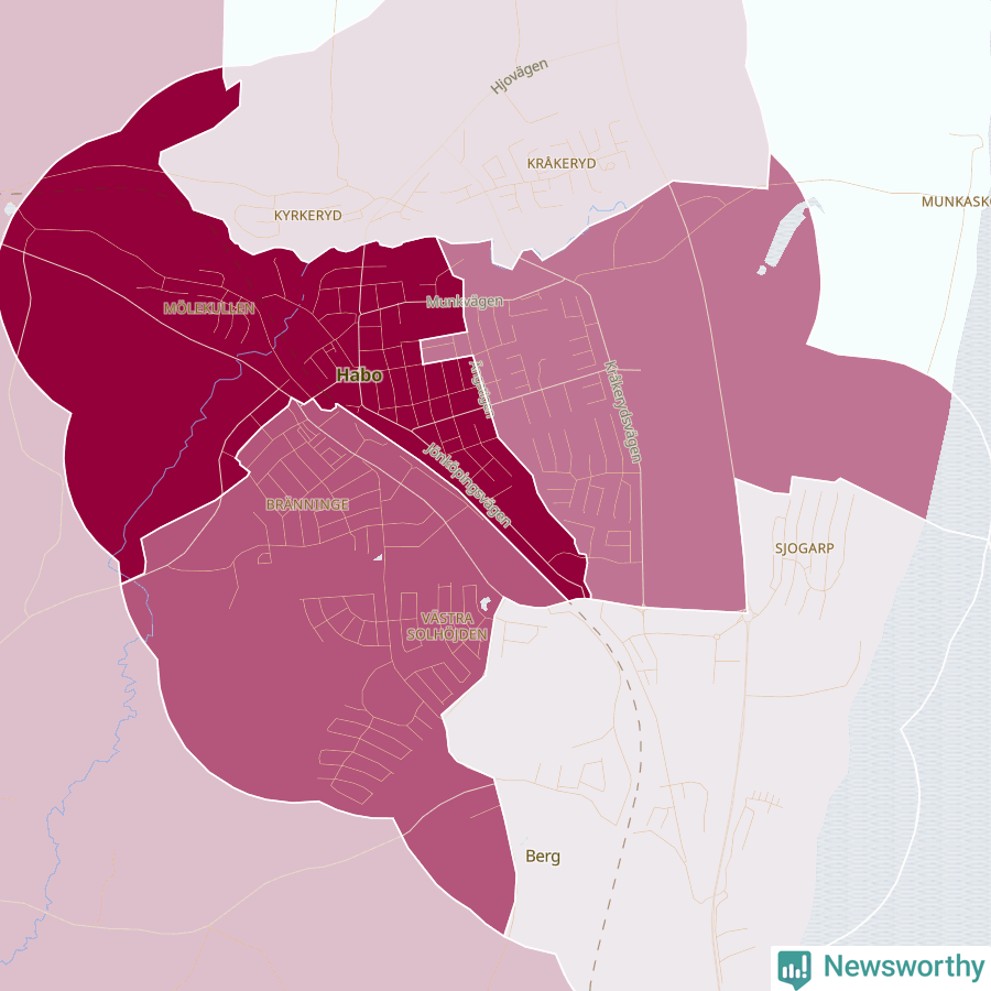 Karta som visar antalet cykelstölder i olika delar av Habo, se tabell ovan