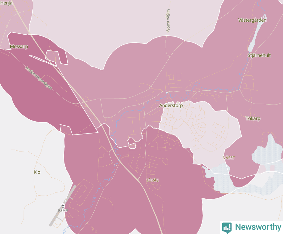 Karta som visar antalet cykelstölder i olika delar av Anderstorp, se tabell ovan