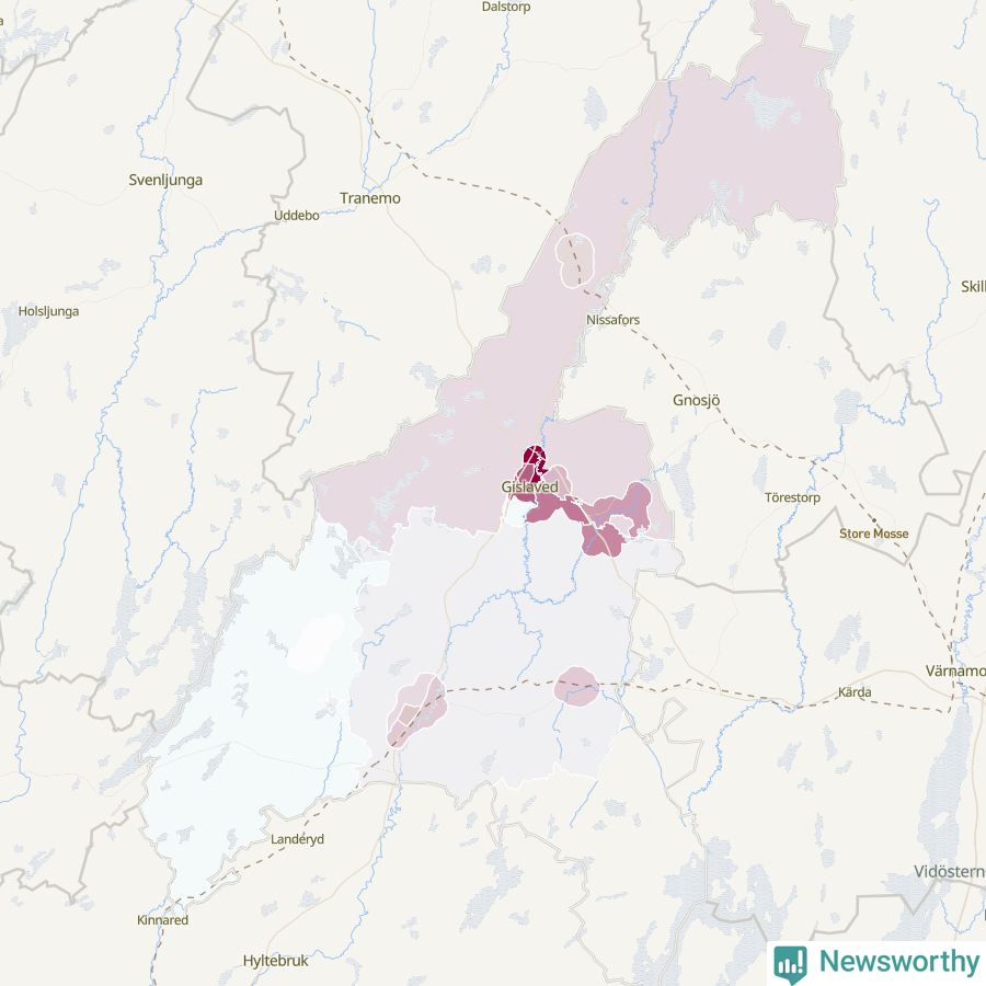 Karta som visar antalet cykelstölder i olika delar av Gislaveds kommun, även i tabell nedan