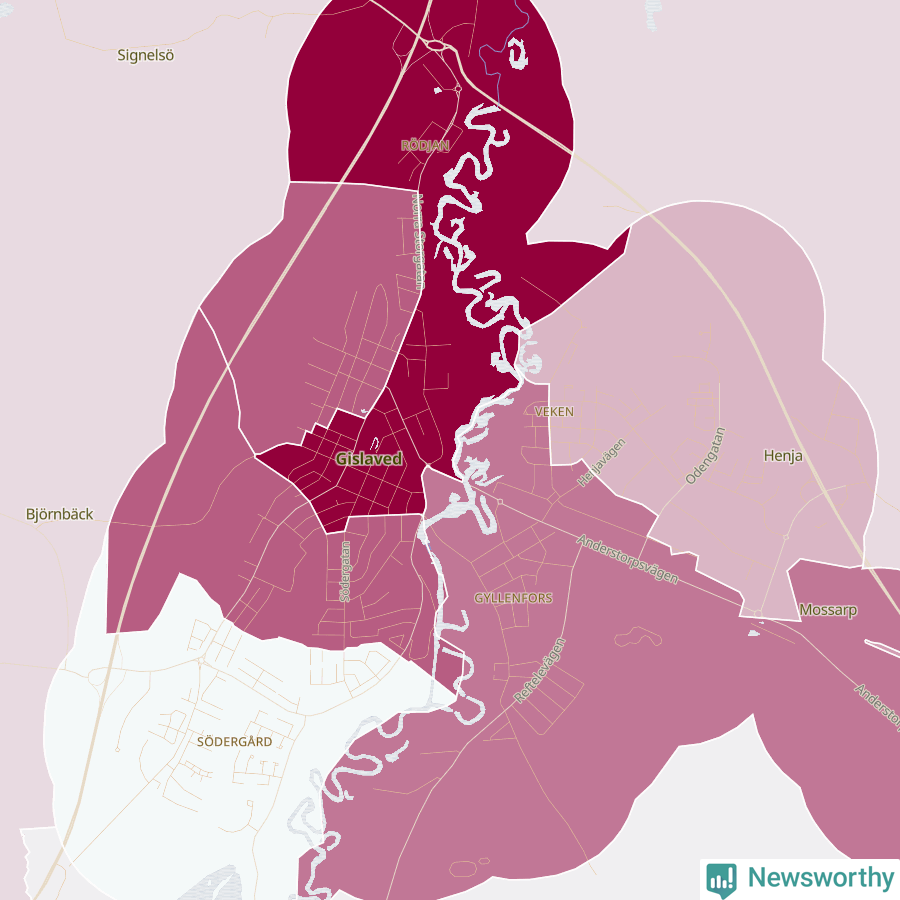Karta som visar antalet cykelstölder i olika delar av Gislaved, se tabell ovan
