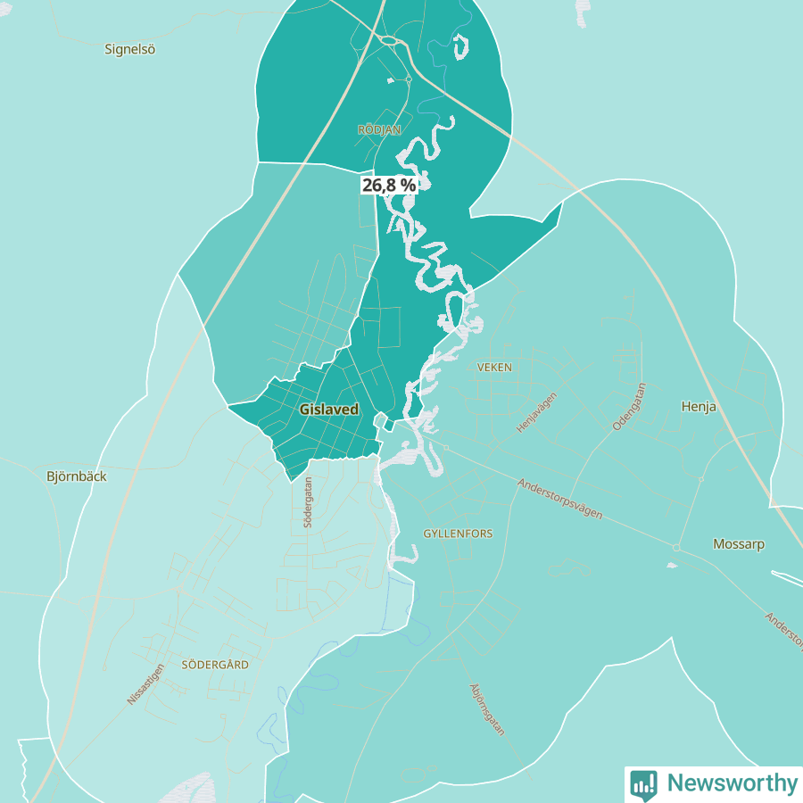 Karta över andel av befolkningen är ensamstående utan barn per område i Gislaved 2023.