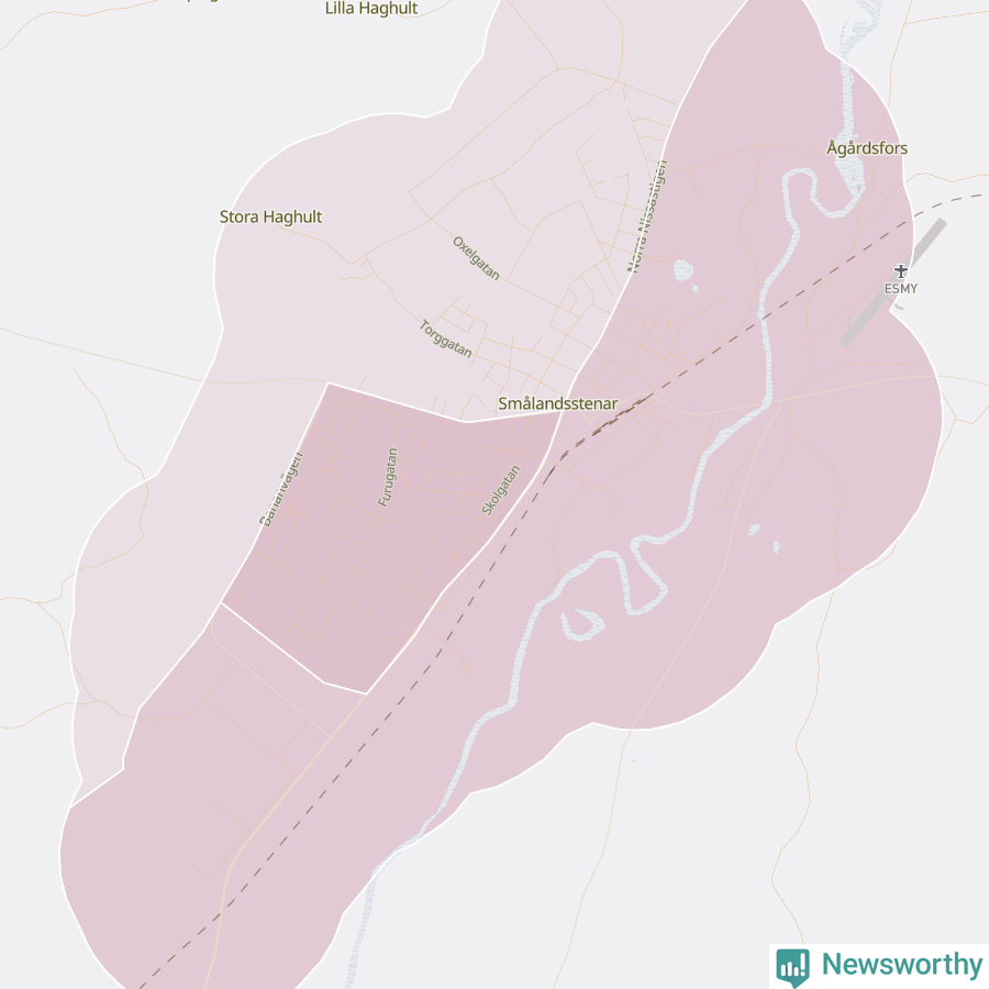 Karta som visar antalet cykelstölder i olika delar av Smålandsstenar, se tabell ovan