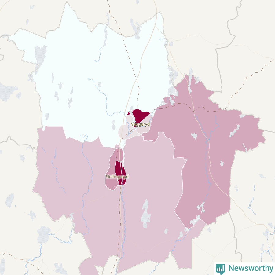 Karta som visar antalet cykelstölder i olika delar av Vaggeryds kommun, även i tabell nedan