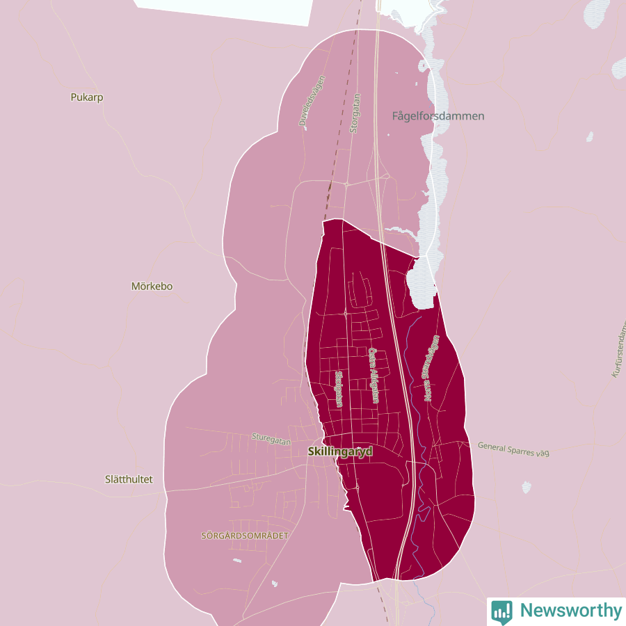 Karta som visar antalet cykelstölder i olika delar av Skillingaryd, se tabell ovan