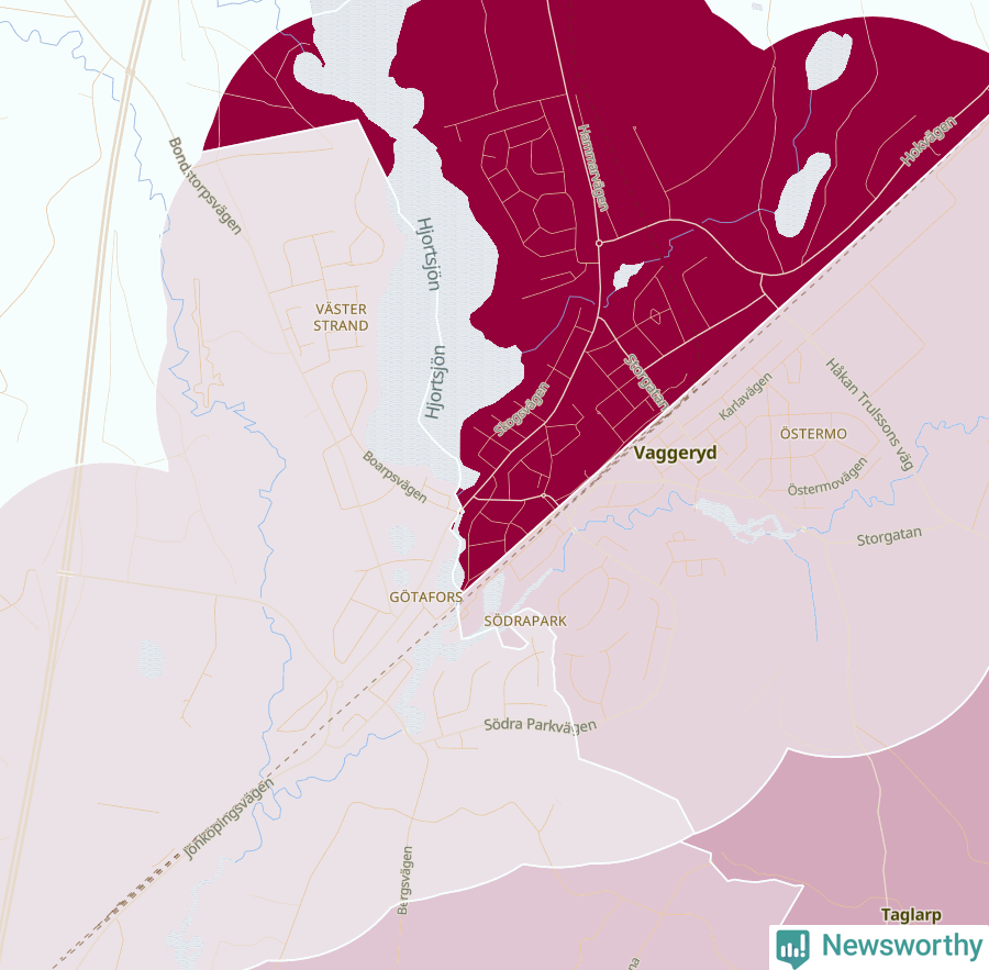 Karta som visar antalet cykelstölder i olika delar av Vaggeryd, se tabell ovan