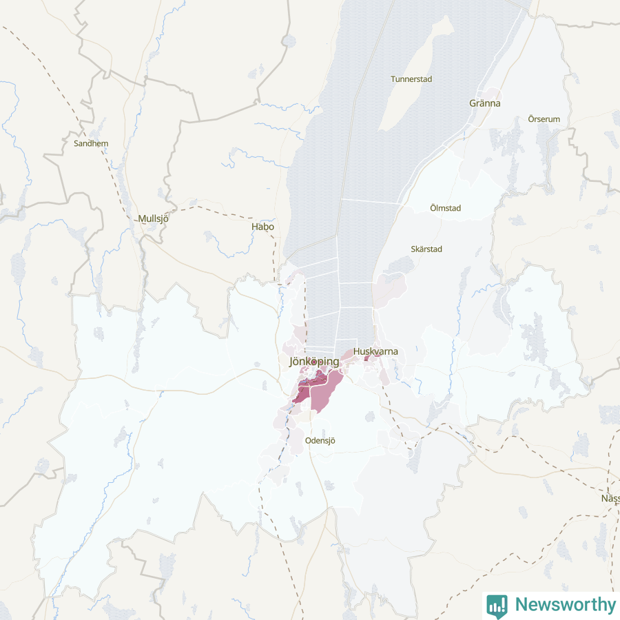 Karta som visar antalet cykelstölder i olika delar av Jönköpings kommun, även i tabell nedan