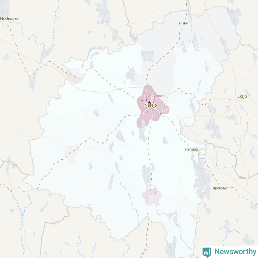 Karta som visar antalet cykelstölder i olika delar av Nässjö kommun, även i tabell nedan