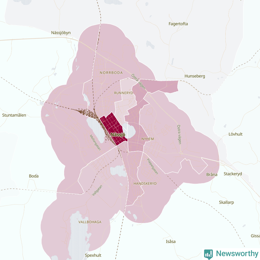 Karta som visar antalet cykelstölder i olika delar av Nässjö, se tabell ovan