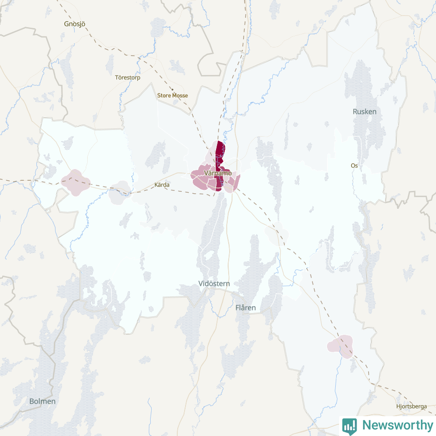 Karta som visar antalet cykelstölder i olika delar av Värnamo kommun, även i tabell nedan